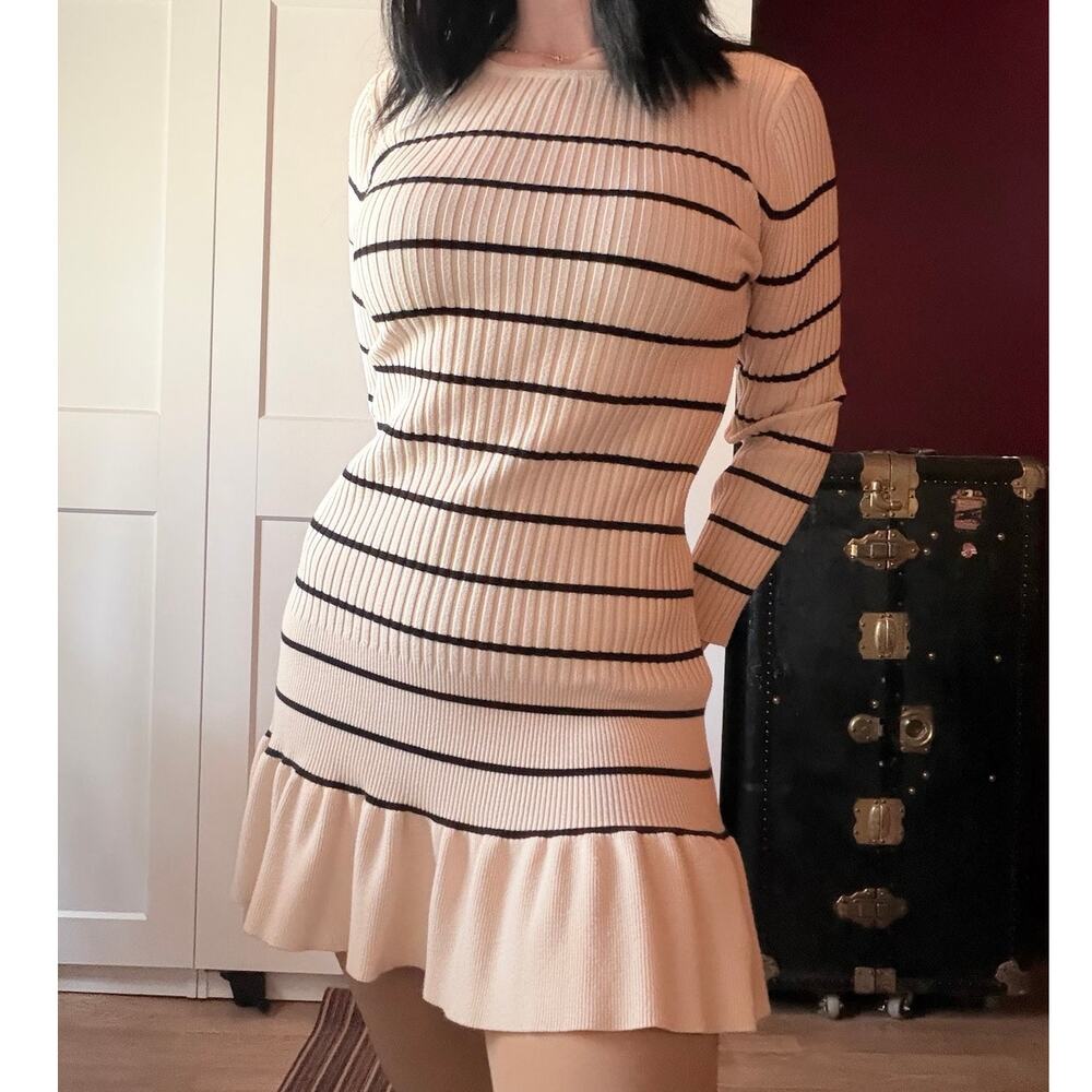cream striped drop waist sweater dress with ruffle